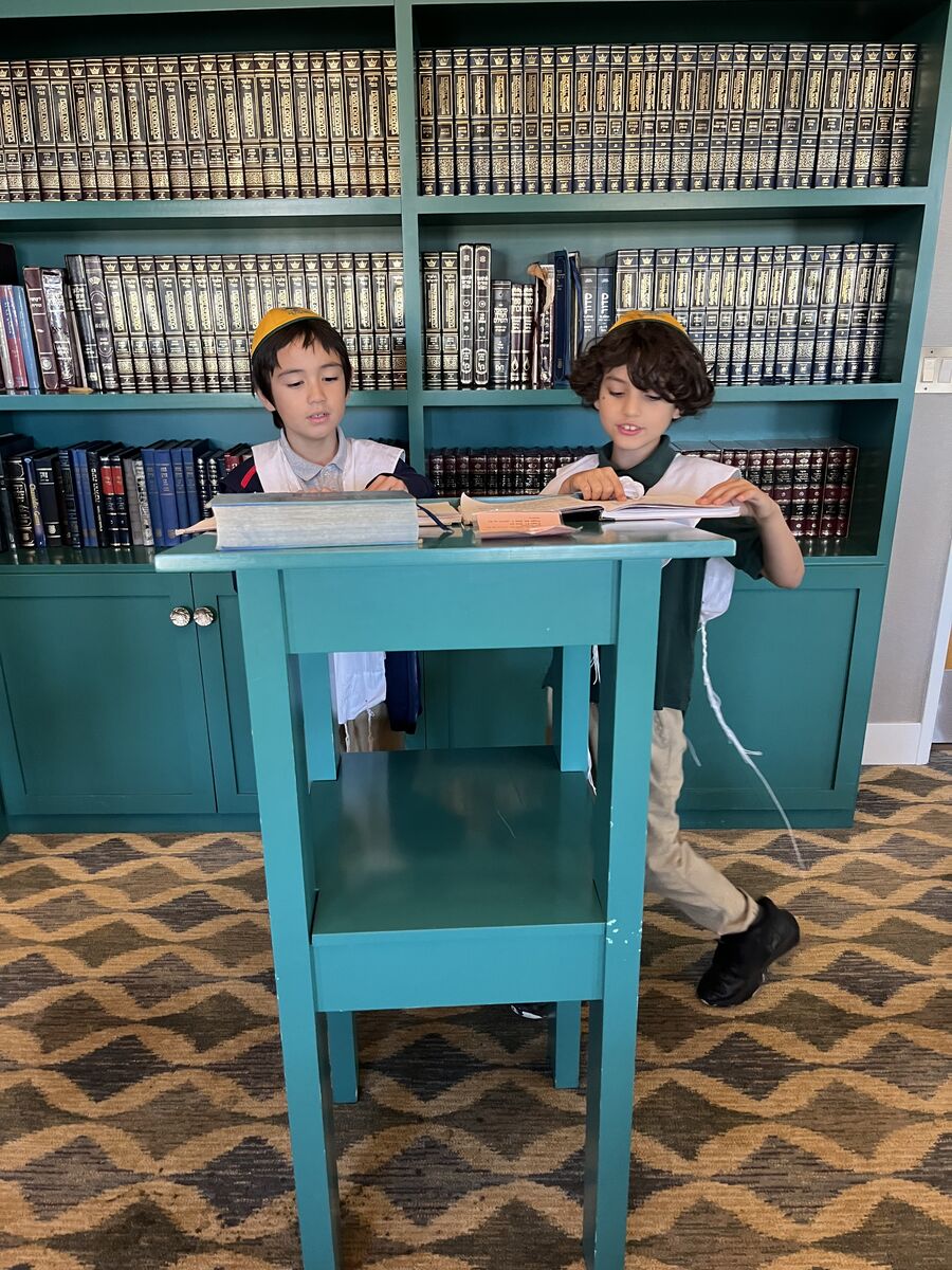 Two Academy students studying together in the library