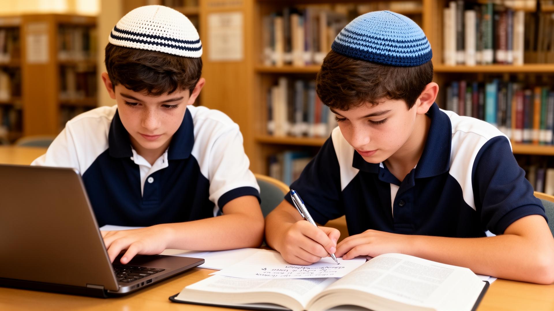 Academy middle school students studying together in the library